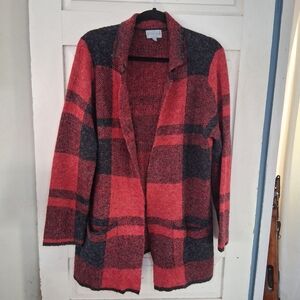 Joseph A Woman Red and Black Plaid Open Front Duster Length Cardigan Sz 1X